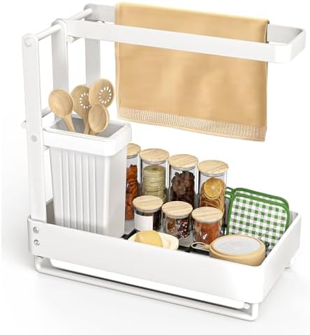 Yawinhe Sponge Holder for Kitchen Sink, Kitchen Sink Caddy Organizer with Detachable Brush Holder, Kitchen Accessories for Organization, Stainless Steel, White