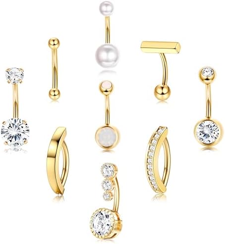 FIASASO 9 Pcs Gold Belly Button Ring Surgical Stainless Steel Belly Rings CZ Opal Pearl Belly Button Ring Clicker Belly Piercings for Women Navel Piercings Pack Silver/Gold