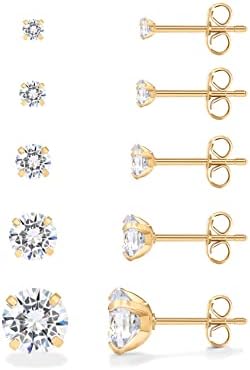 PAVOI 14K Gold Plated Five Pairs Stainless Steel Stud Earrings Set for Women | Hypoallergenic 5 Earrings Pack | Premium Cubic Zirconia Studs