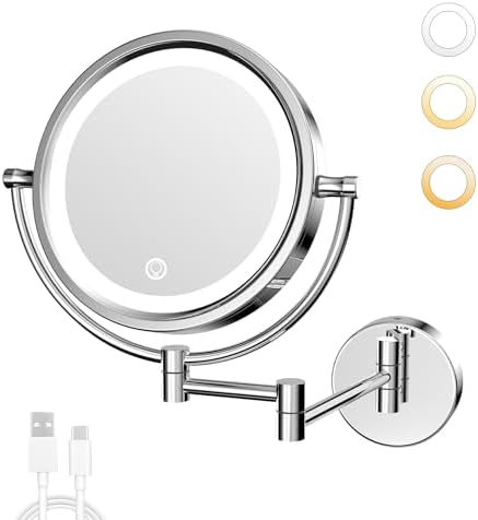 GURUN 10x Magnifying Mirror with Light Wall Mounted Makeup Mirror 8 Inch Dimmable 3 Color LED Beauty Mirror Touch Screen Brass Rechargeable Cosmetic Mirror with Extension Arm-Chrome