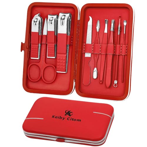 Manicure Set, Travel Mini Nail Clippers Kit Pedicure Care Tools, 10pcs Stainless Steel Grooming kit (Red)