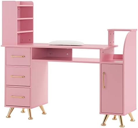 BarberPub Manicure Table Makeup Dressing Station Nail Desk with Wrist Cushion Beauty Workstation Salon Storage Equipment 2636 (Pink)