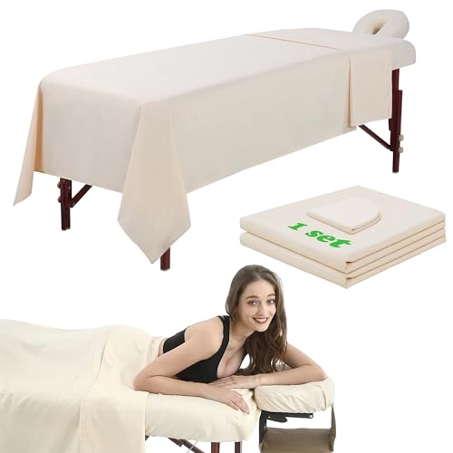 3 Piece Massage Table Sheets Set Microfiber Massage Bed Cover Soft Waterproof and Oil Proof Reusable for SPA Beauty Tattoos Includes Table Cover,Fitted Sheet and Face Rest Cover (Beige)