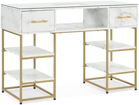 BarberPub Beauty Manicure Table for Storage, Nail Desk with Metal Frame & Glass, Modern Nail Salon Station, Marbling Textured Manicure Desk, Spa Equipment with Drawers 2411 (White)