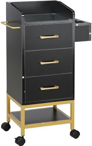 VEVOR Beauty Salon Storage Trolley Cart, Glass Top Hair Salon Station Cabinet for Stylist with Drawer & Dryer Holder, MDF Rolling Hairdressing Salon Cart on 4 Wheels (2 Lockable) for Barber Beauty SPA