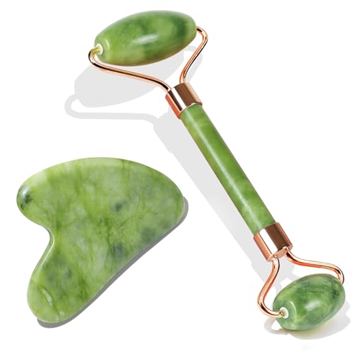 BAIMEI Jade Roller & Gua Sha, Face Roller, Facial Beauty Roller Skin Care Tools, Self Care Gift for Men Women, Massager for Face, Eyes, Neck, Relieve Fine Lines and Wrinkles - Green