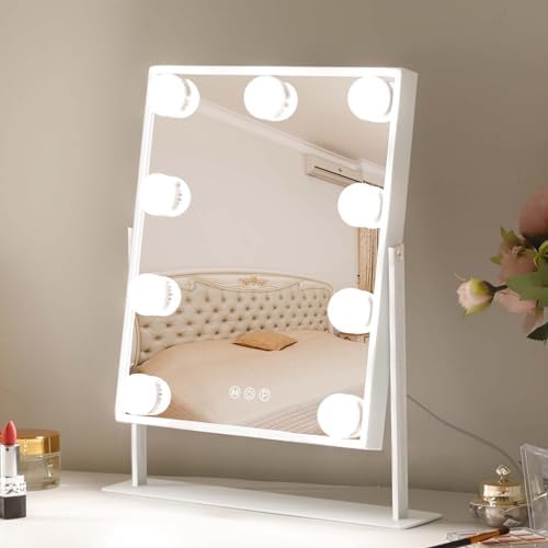 Vanity Mirror with Lights Hollywood Lighted Makeup Mirror with 9 Dimmable Bulbs & 3 Color Lighting Modes, Detachable 10X Magnification Mirror and 360 Degree Rotation(White)