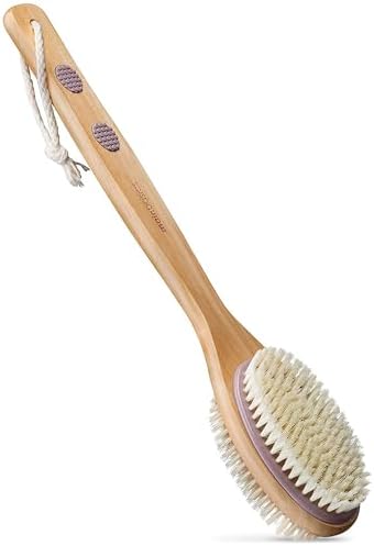 MainBasics Back Scrubber for Shower - Wooden Dual-Sided Bath Brush with Long Handle, Soft & Exfoliating Body Brush (Lavender)