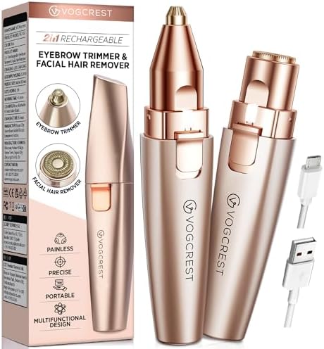 Eyebrow Facial Trimmer: 2 in1 Rechargeable Facial Hair Removal and Eyebrow Shaver - Face Lips Body Painless Facial Razor with Built-in LED Light (Rose Gold)
