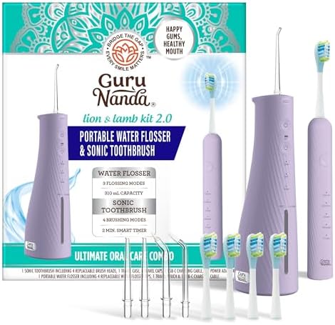 GuruNanda Lion & Lamb Kit 2.0, Electric Toothbrush with Water Flosser Combo, 4 Jet Tips, 4 Brush Heads, & IPX7 Waterproof Design for Complete Oral Care, Lavender