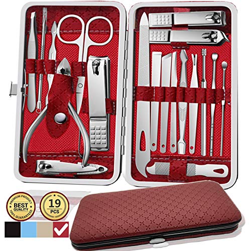Manicure Set, 19 in 1 Stainless Steel Professional Pedicure Kit Nail Scissors Grooming Kit with Leather Travel Case Great Gift for Men and Women(Red) …