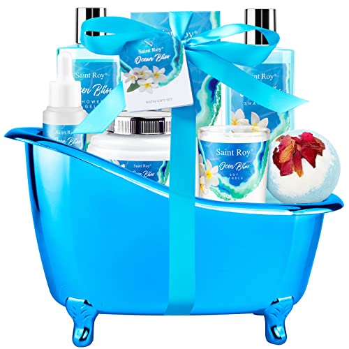 Birthday Gifts for Women, Luxury Home Spa Kit, 8pcs Bath Gift Set Ocean & Vanilla, Gift Baskets for Women Unique with Bath Bombs, Sea Salt, Scented Candle, Body Lotion