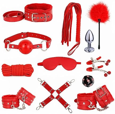 Sex Bondage Restraint Kits BDSM Toys 12 Pcs Handcuffs Ankle Cuffs Anal Plug Nipple Clamps Ball Gag Blindfold Rope Leather Restraints Set Adjustable for Adult Beginners (Red)