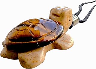 Carved Tigers Eye Shell Jasper Gemstone Turtle Spirit Animal Totem Fetish Figurine Black Cord Necklace 7544