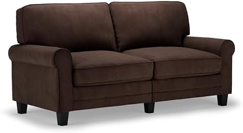 Serta Copenhagen 73" Rolled Arm Sofa, Easy Care Polyester, Soft Pillow Back, Pocket Coil Seat Cushions, Removable Covers, Loveseat or Couch for Small Spaces, Living Rooms or Bedrooms, Brown