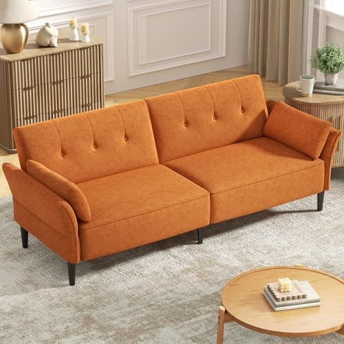 89” Futon Sofa Bed, Velvet Fabric Comfy Futon Couch Bed with 2 Square Pillows, Convertible Sleeper Sofa with Adjustable Backrest& Armrests, Modern Loveseat Sleeper for Living Room, Bedroom