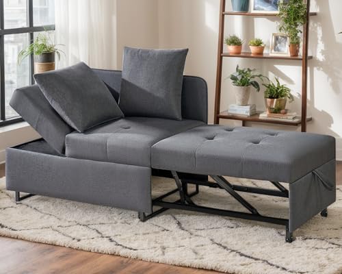 VanAcc Sofa Bed, 3-in-1 Convertible Sleeper Chair Bed, Modern Futon Couch with 2 Pillows Adjustable Backrest and Armrests, Foldable Loveseat for Apartment Dorm, Office, Linen Grey