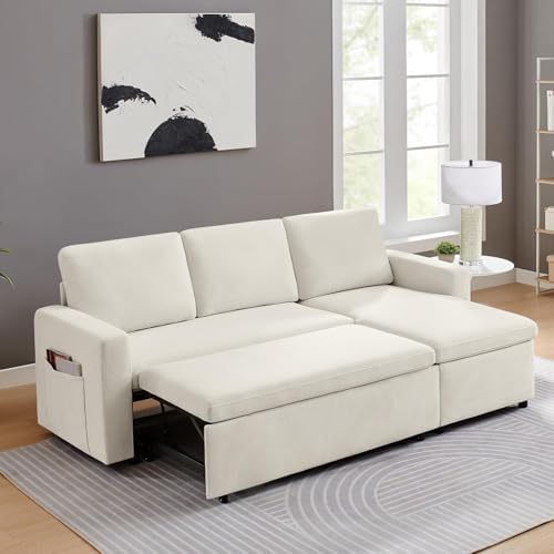 Sleeper Sofa Bed, 85'' Pull-Out Convertible Sofa Bed, Lounge Soft Futon Sofa, Detachable Chenille Cover, Couches for Living Room/Office/Apartment, Beige