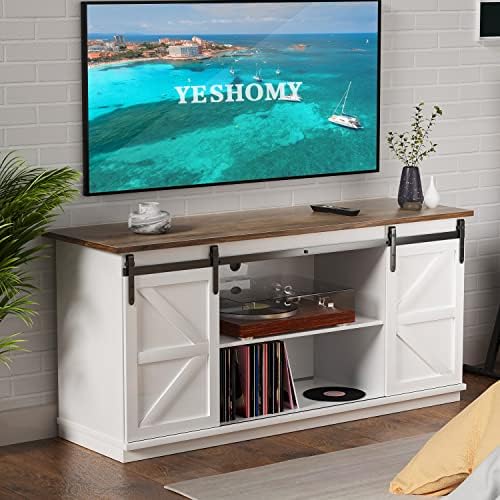 YESHOMY Farmhouse TV Stand and Entertainment Center for Televisions up to 65 Inchs, with Sliding Barn Doors and Storage Cabinets, Console Table and Media Furniture for Living Room, 58 Inch, Milk White