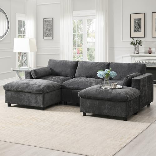 Merax 86.5" Sectional Sofa with Storage Pockets & Removable Ottomans, 5 Seat U Shaped Sleeper Cloud Couch Set, Convertible L-Shaped Chenille Upholstered SofaBed for Living Room and Apartment, Black
