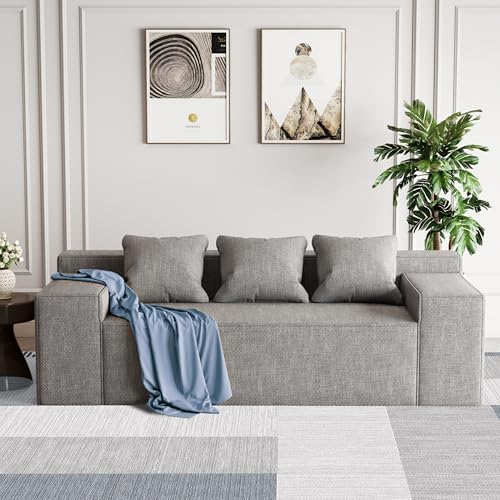 Modern 3-Seater Sofa, Hybrid Sofa in a Box, No Assembly Required, Comfy Sofa Couch with 3 Matching Pillows, Cat-Scratch Resistant Linen, Couch for Living Room or Bedroom, Grey