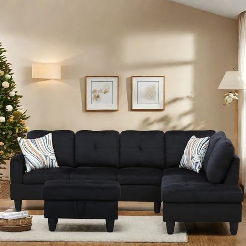 L Shaped Sectional Couch with Otttoman, 97" Sectional Sofa for Living Room Flannel Modular Couches with Cup Holders for Bedroom, Apartments, Black