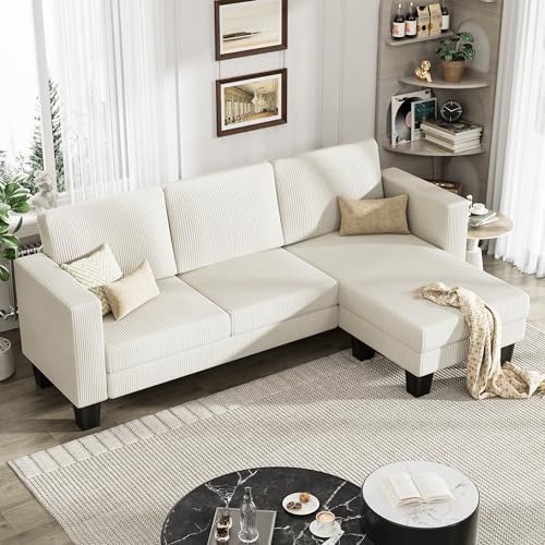 YESHOMY L-Shaped Convertible Sectional Sofa 3 Seater with Corduroy Fabric, Complete with Mobile Footrest, for Living Room, Apartment and Office, 70", Beige
