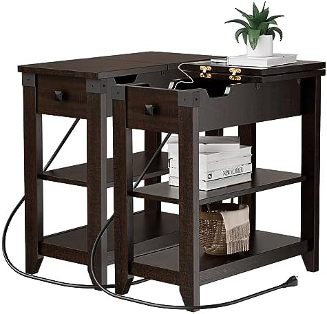 Set of 2 Narrow End Tables, Flip Top Side Tables with Charging Station, Farmhouse Nightstands with Storage for Small Spaces, Sofa Bedside Tables for Living Room and Bedroom, Espresso