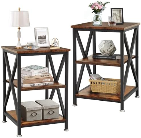 End Tables Living Room Set of 2 Farmhouse, Side Table with Storage Shelf, 16" W x 12" D x 24" H, 3 Tier Side Table Set of 2, X-Shaped Night Stands Set of 2 for Bedrooms, Coffee Table Set of 2