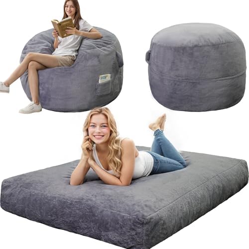 Giant Bean Bag Chair for Adults, Faux Fur Bean Bag Chair with Mattress Bed Use, Convertible Bean Bag Sofa Bed with Filler Included for Living Room,Bedroom, Dark Gray.Medium-Sized