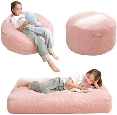 MAXYOYO Bean Bag Chair Bed for Kids, Convertible Bean Bag Folds from Lazy Chair to Floor Mattress Bed, Stuffed Floor Sofa Couch Sofa Bed for Boys and Girls, High-Density Foam Filling, Pink