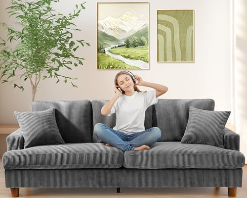 87in Grey Sofa, Couches for Living Room 21in Extra Deep Seats, Comfy Corduroy Sofas for Living Room No Tool Assembly, Modern Oversized Love Seat with 2 Pillows, Sofa Couch for Bedroom