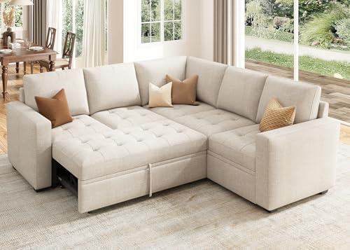 HONBAY Modular Sectional Sleeper Sofa with Pull Out Bed, Rearrangeable Sectional Couch with Storage Seat, Sectional Couches for Living Room,Beige
