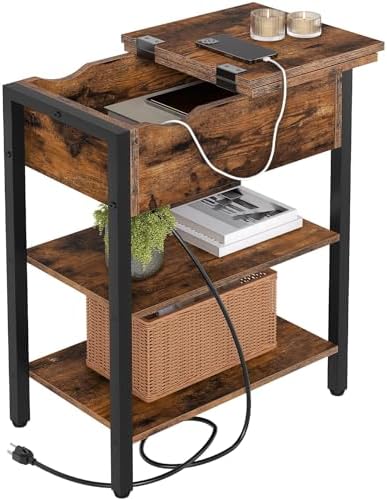 HOOBRO End Table with Charging Station, Narrow Side Table, Flip Top Nightstand with USB Ports and Outlets, Bedside Tables with Shelf for Small Spaces, Living Room, Rustic Brown BF341BZ01