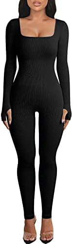 OEAK Womens Ribbed Jumpsuit with Tummy Control Long Sleeve Unitard Casual Yoga Rompers High Waisted One Piece Workout Bodycon