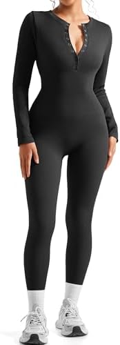 SUUKSESS Women Long Sleeve Ribbed Workout Jumpsuit One Piece V Neck Button Down Yoga Jumpsuits
