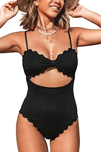 CUPSHE Women's One Piece Swimsuit Sexy Black Cutout Scallop Trim Bathing Suit