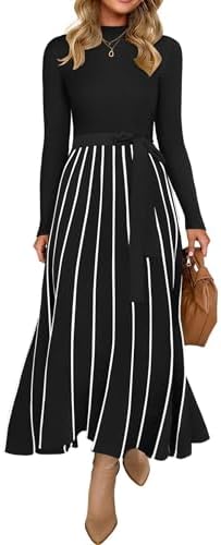 ZESICA Womens 2024 Fall Turtleneck Long Sleeve Sweater Dress Tie Waist Casual Loose Ribbed Knit A Line Midi Dresses