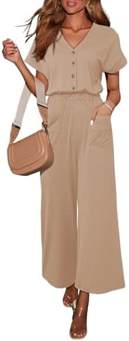 Dokotoo Womens Jumpsuits Summer Outfits 2025 Casual Short Sleeves Button Down Wide Leg Rompers with Pockets
