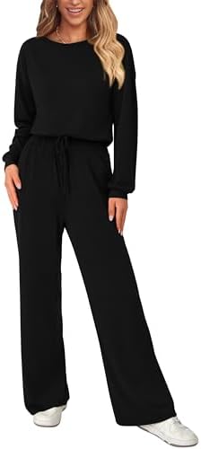 dowerme Women's One Piece Jumpsuits 2024 Long Sleeve Scoop Neck Drawstring Long Rompers Loose Knit Overalls With Pocket
