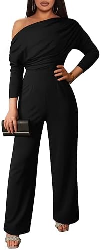 YMDUCH Women's Fall Elegant Long Sleeve Off Shoulder Wide Leg Long Pant Jumpsuits