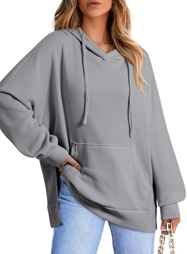 Dokotoo Oversized Hoodies for Women Casual Long Sleeve Waffle Knit Drawstring Side Slit Pullover Sweatshirts with Pocket