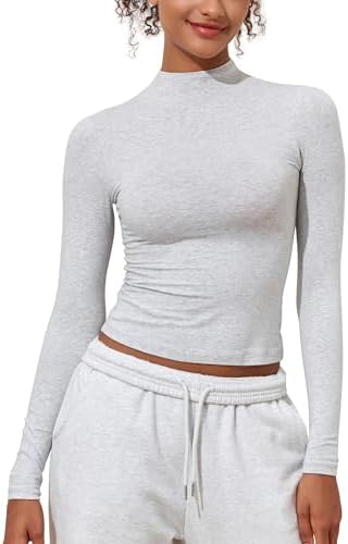 PrettyGuide Women's Cotton Long Sleeve Shirts Mock Neck Basic Tee Tight Fitted Fall Going Out Tops