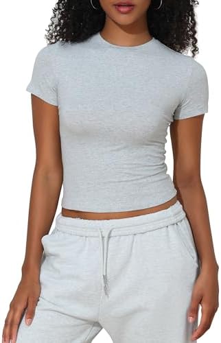 kayamiya Women's Basic Short Sleeve Cotton Shirts Slim Fit Crewneck Summer Trendy Y2k Baby Tee Crop Tops
