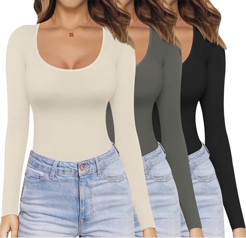 Ekouaer Womens 3 Pack Long Sleeve Shirts Scoop Neck Tops Stretch Fitted Undershirt Lightweight Basic Thermal Tee XS-XXL