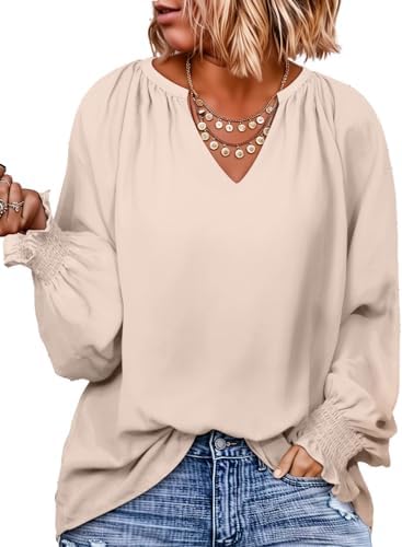 Eytino Womens Plus Size Tops Sexy V Neck Smocked Long Sleeve Casual Chiffon Blouse Flowy Work Shirts(1X-5X)