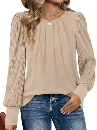 XIEERDUO Women's Long Sleeve Shirts Pleated Crew Neck Puff Sleeve Tunic Tops