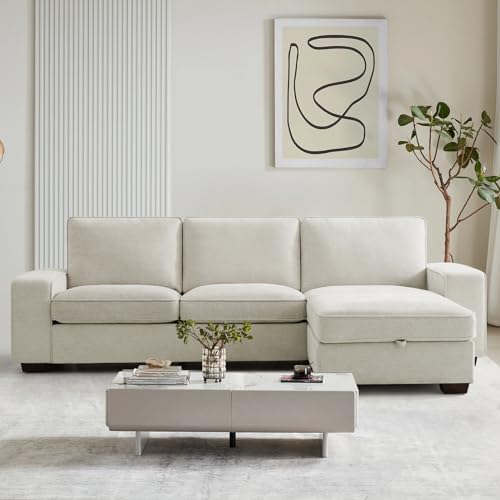 COHOME 100" L-Shaped Sofa with Storage, Chenille Upholstered Deep Seat Couch for Living Room, Sofa with Reversible Chaise, Removable Covers, 3-Seater Apartment Sofa with Charge Ports,Beige