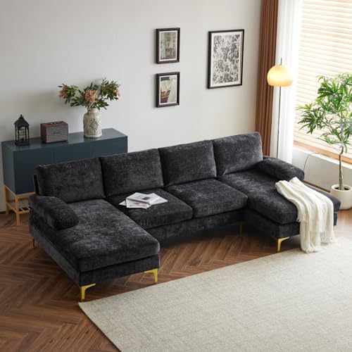 Karl home Convertible Sectional Sofa 110" U-Shape Sofa Couch 4-Seat Couch with Chaise ChenilleFabric Upholstered for Living Room, Apartment, Office, Black