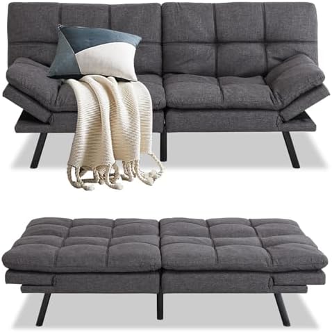 MUUEGM Futon Sofa Bed Couch Convertible Futon Memory Foam Futon Couch Bed Modern Sofa Couch Love Seat Sleeper Sofa for Small Space,Living Room,Office,Adjustable Backrests&Armrests Sofabed,Dark Grey.